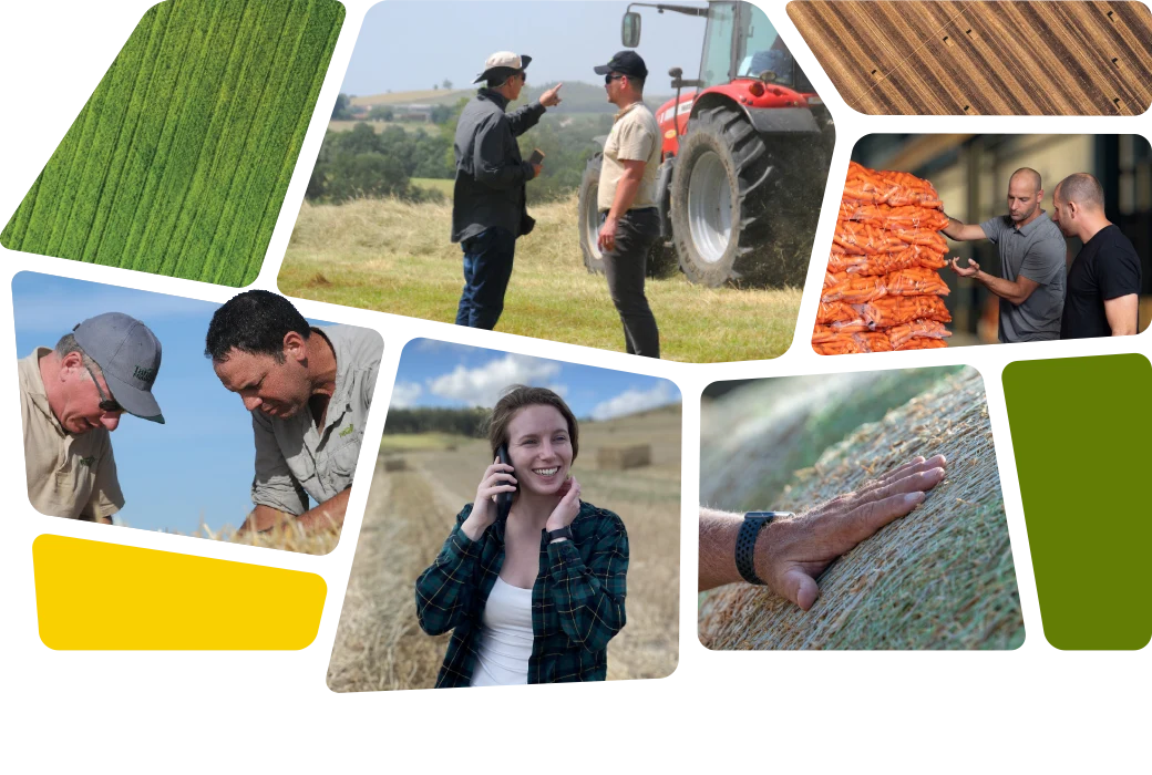 Tama professionals in action across the agricultural supply chain: inspecting hay, consulting in the field, discussing product packaging, and supporting customers, with visuals of baled crops and ventilated wrap technology.